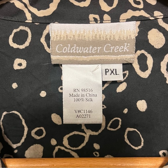 Vintage 90s 100% silk button down blouse black tan abstract PXL - Picture 8 of 9
